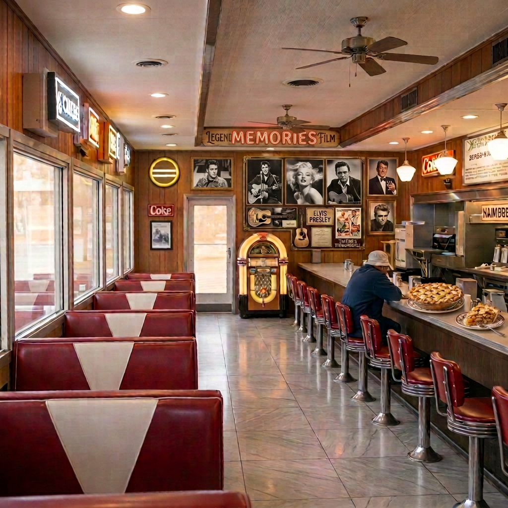 1950s American diner interior with neon signs, booths, counter seating, and patrons eating